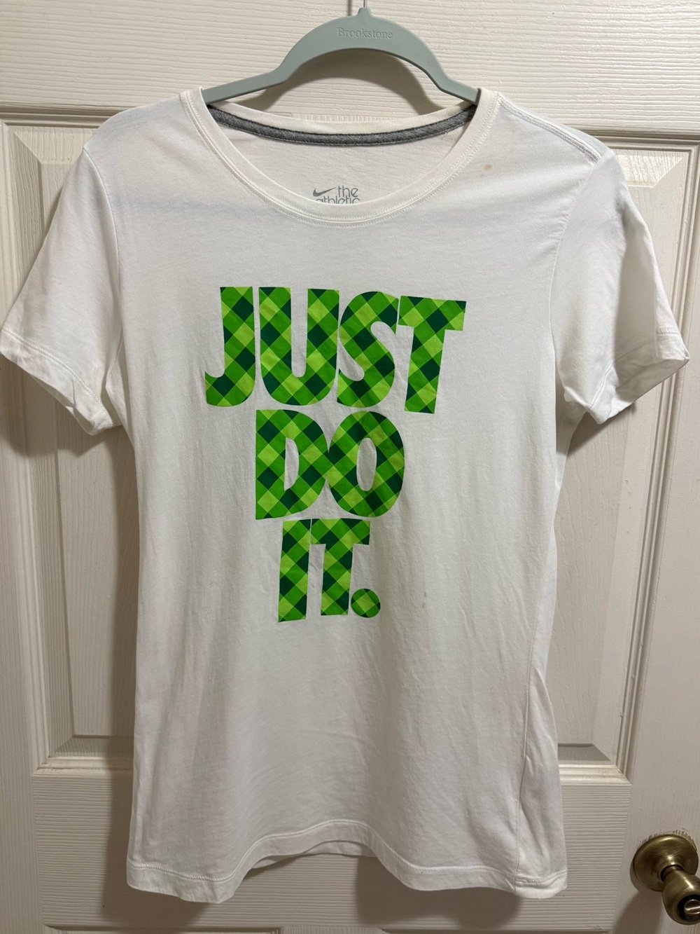 Nike White Short-Sleeve Tee with Green Plaid "Just Do It" Graphic